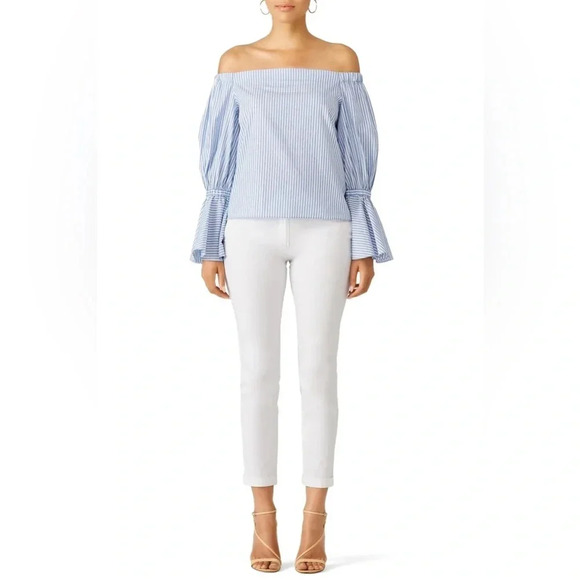 Alexis Juniper Blue Striped Off the Shoulder Flare Bell Sleeve Blouse Medium - Picture 4 of 10
